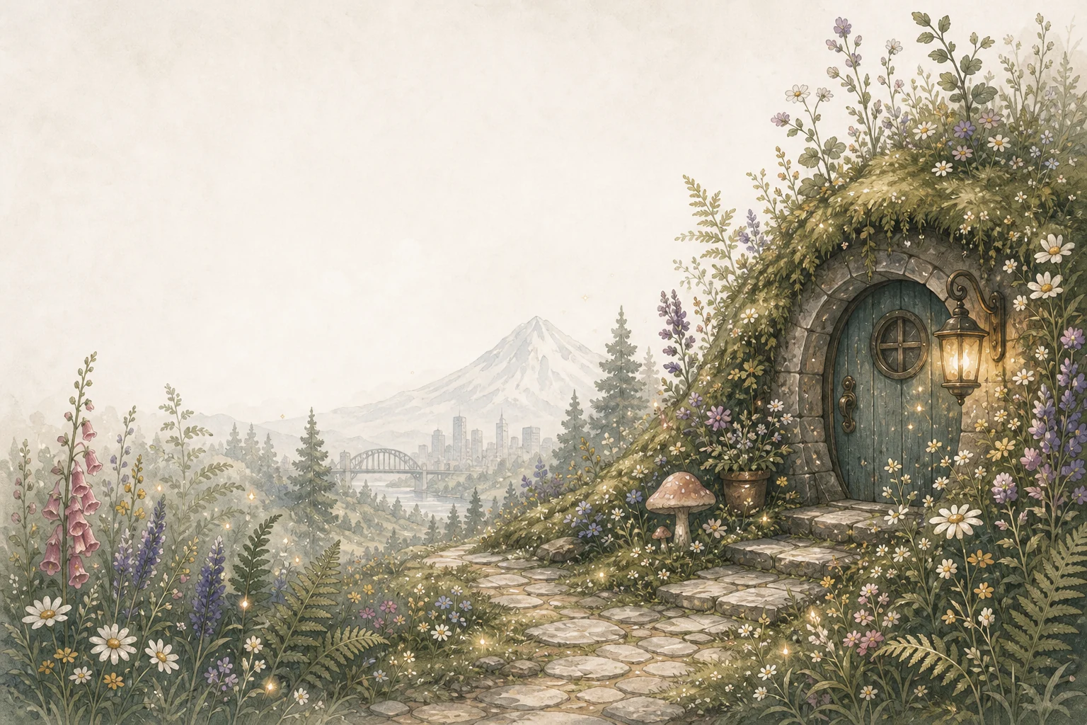 A whimsical Portland garden path, city skyline, Mount Hood, and a flower-covered round door